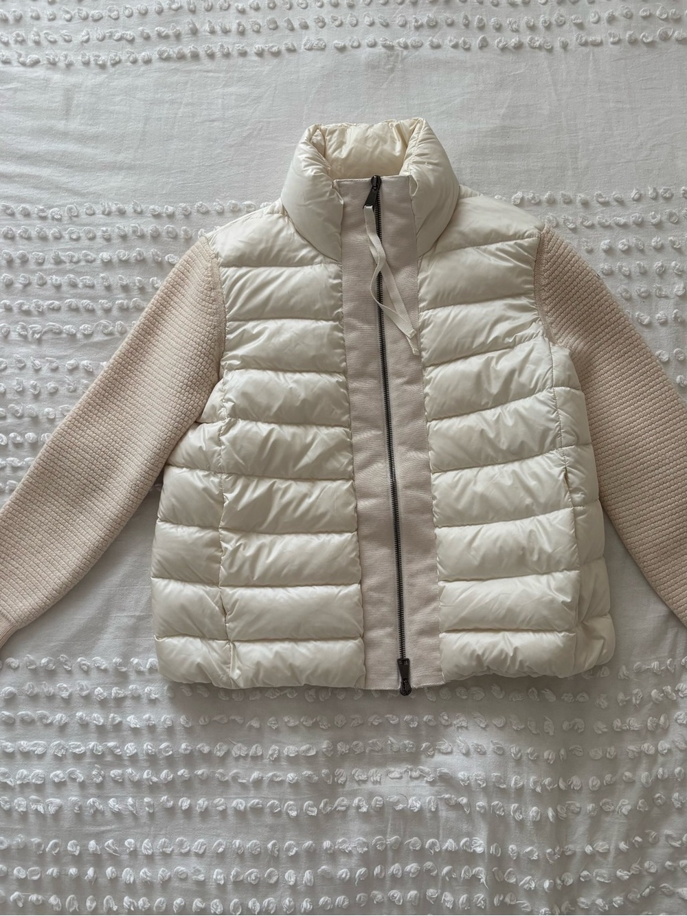 Moncler Cream Quilted Puffer Jacket with Knit Sleeves